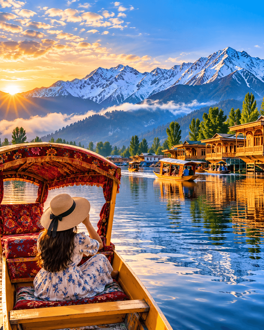Kashmir Dal Lake with Shikara, Houseboats and Snow-Capped Mountains