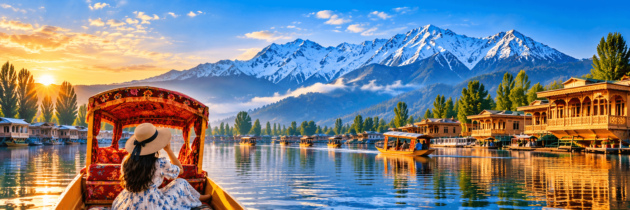 Kashmir Dal Lake with Shikara, Houseboats and Snow-Capped Mountains